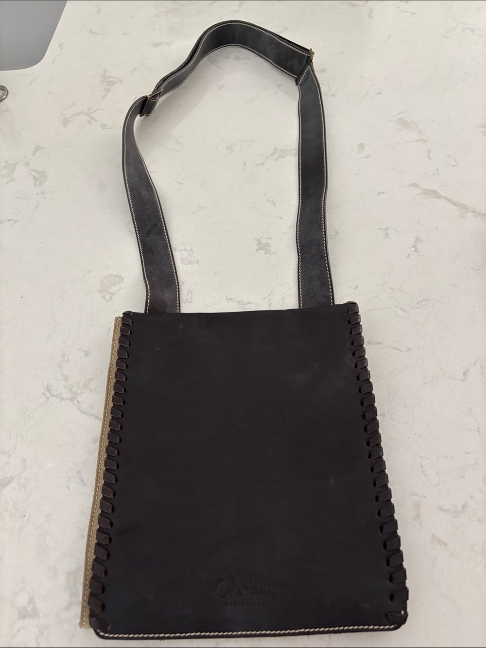 Cole Haan Dark Brown Leather Messenger with Whipstitch Trim